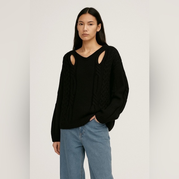 NWT OAK + FORT MEL Black V-Neck peek-a-boo Sweater Textured Knit Small Medium - Picture 1 of 9